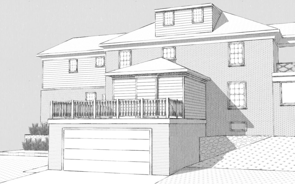 Straight rear sketch view of the garage addition and upper deck