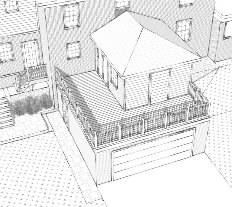 Aerial sketch view of the garage addition, deck railing and connection to the house