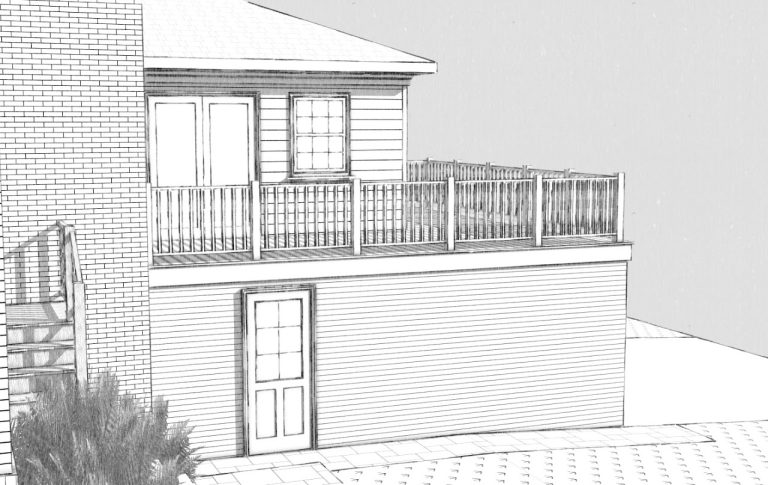 Side sketch elevation of the garage addition with upper deck and exterior door
