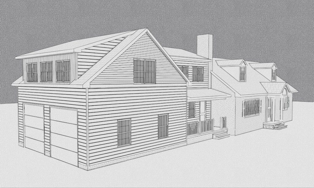 Exterior model of the expanded garage addition viewed from the rear corner
