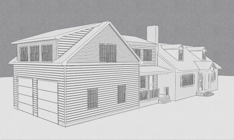 Exterior model of the expanded garage addition viewed from the rear corner