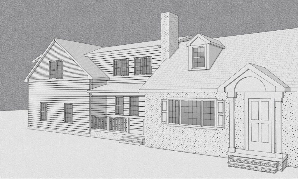 Front corner model of the garage addition connected to the existing house