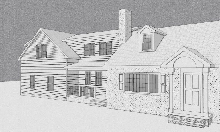 Front corner model of the garage addition connected to the existing house