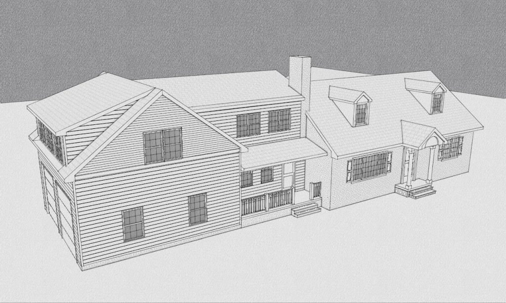 Aerial exterior model showing the expanded garage and existing Cape Cod home
