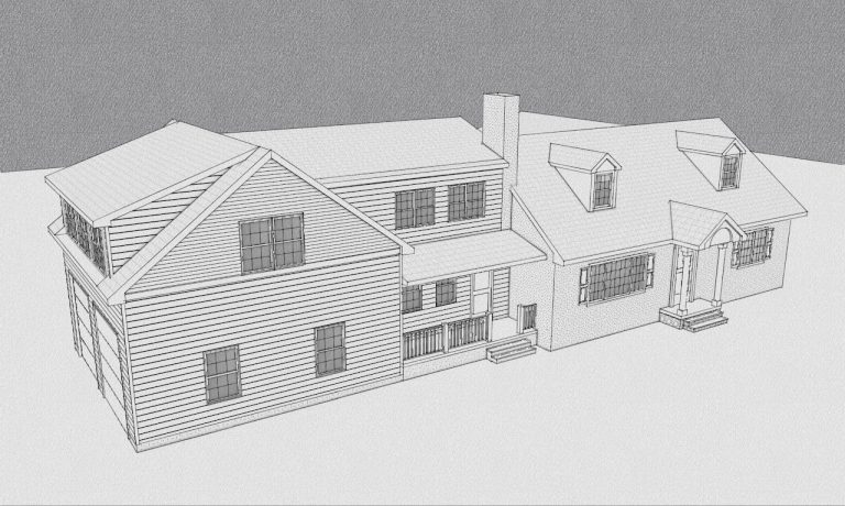 Aerial exterior model showing the expanded garage and existing Cape Cod home