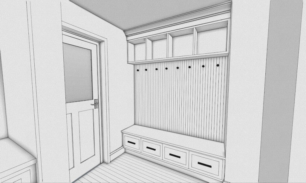 Mudroom model with built-in bench, beadboard wall and overhead cabinets