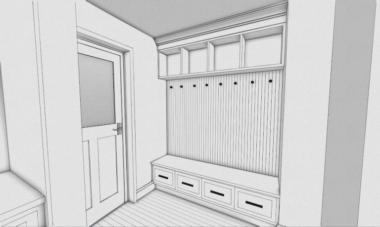 Mudroom model with built-in bench, beadboard wall and overhead cabinets