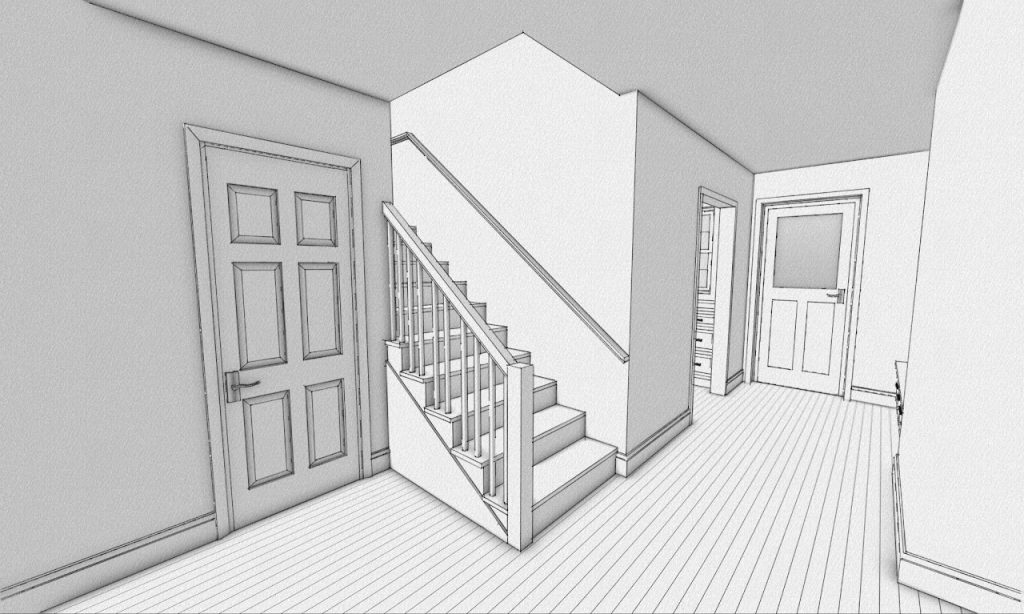 Interior model of the mudroom stairs and doors connecting the addition