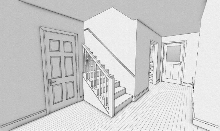 Interior model of the mudroom stairs and doors connecting the addition