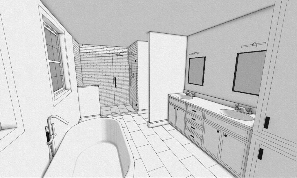 Bathroom model with freestanding tub, double vanity and tiled shower