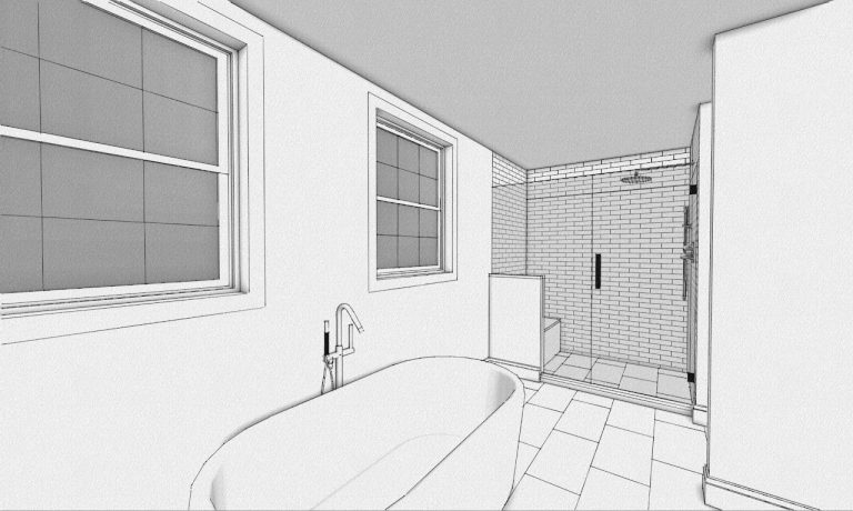Alternate bathroom model showing the tub, windows and walk-in shower