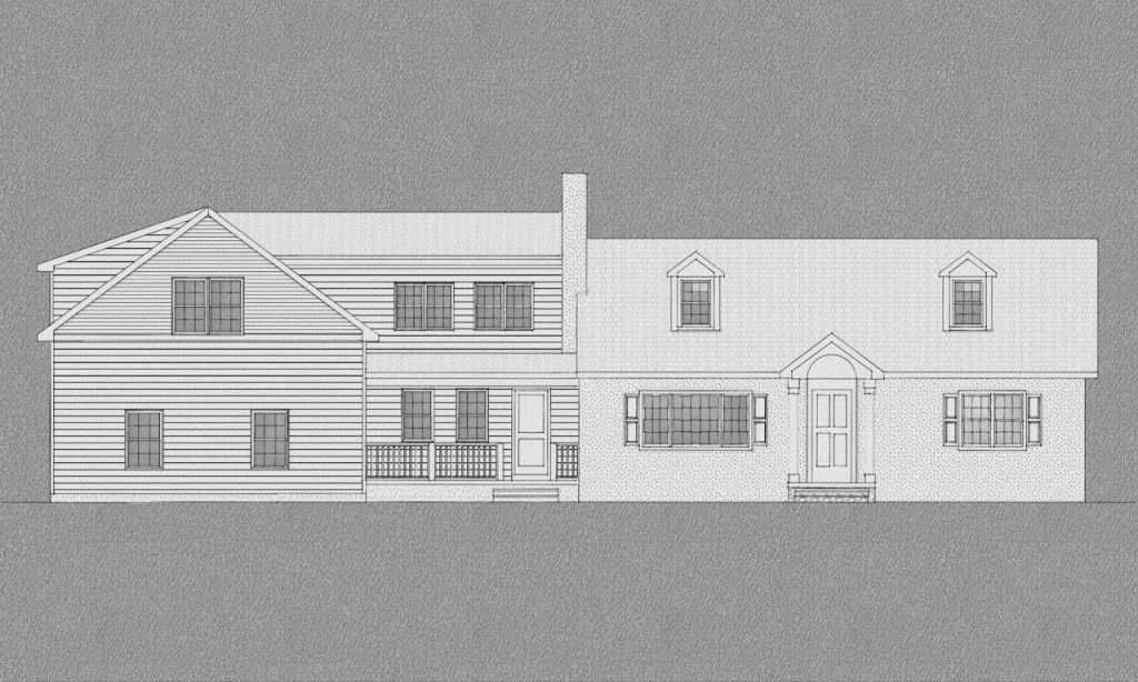 Front architectural elevation of the home and proposed garage addition