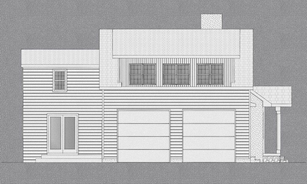 Garage-side architectural elevation with two overhead doors and upper windows