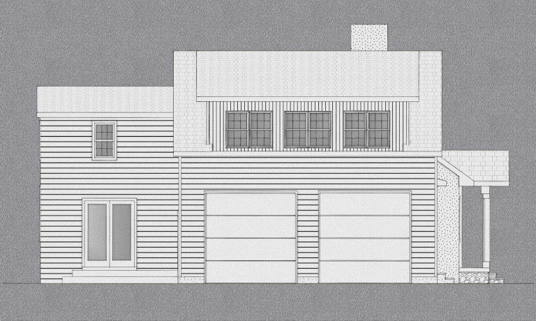 Garage-side architectural elevation with two overhead doors and upper windows