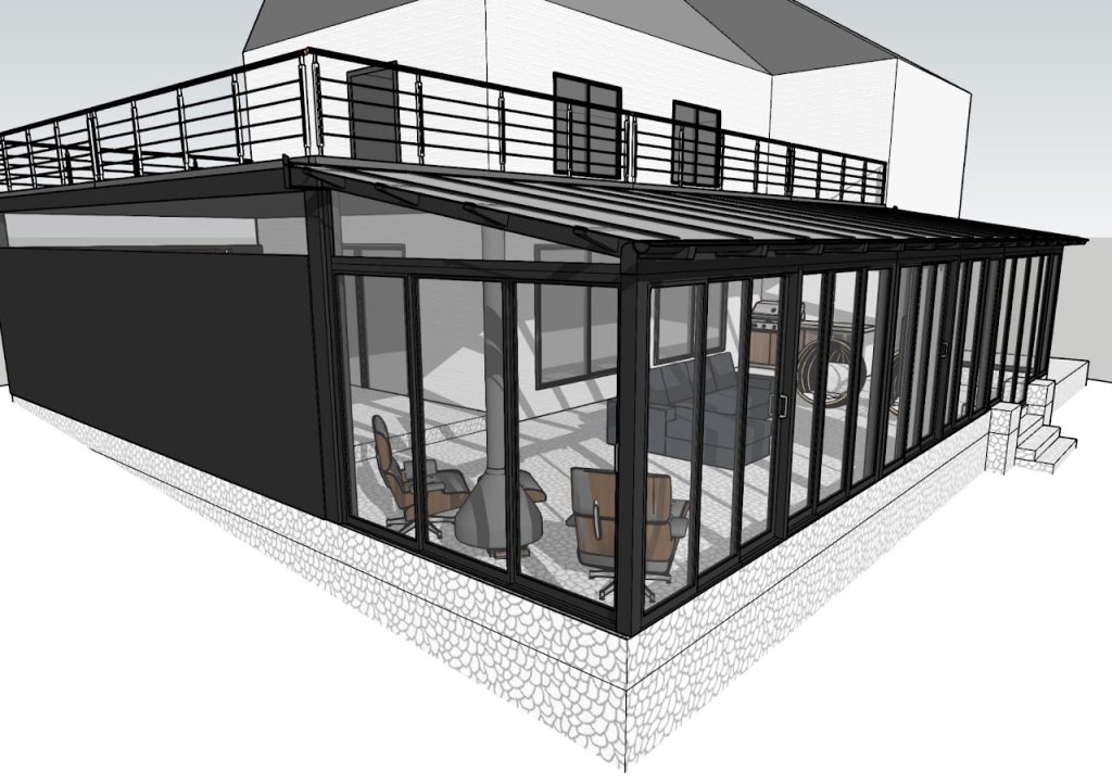 Exterior model of the glass-walled outdoor living addition and upper deck