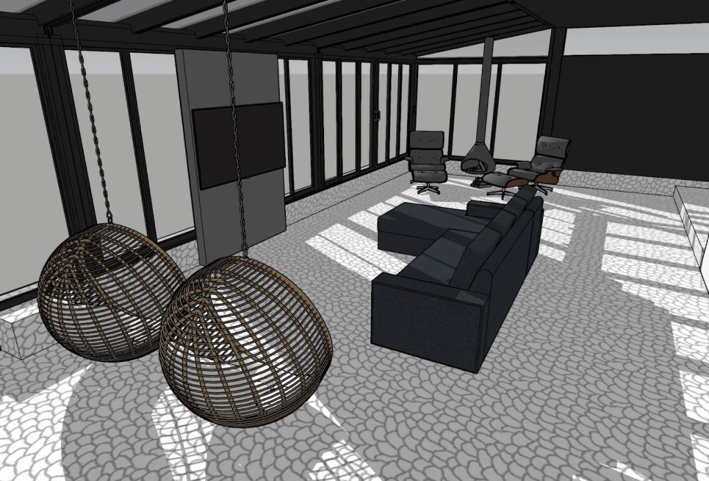 Outdoor living room model with suspended chairs, sectional seating and covered roof