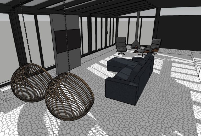 Outdoor living room model with suspended chairs, sectional seating and covered roof