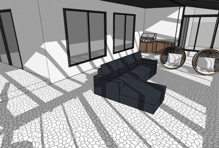 Outdoor living room model with sectional sofa, hanging chairs and grilling area