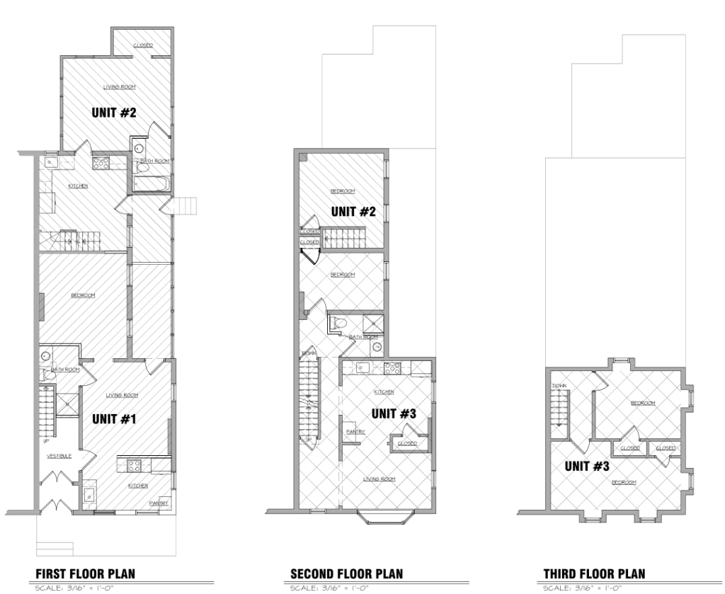 Measured floor plans for three levels of the Lancaster renovation property
