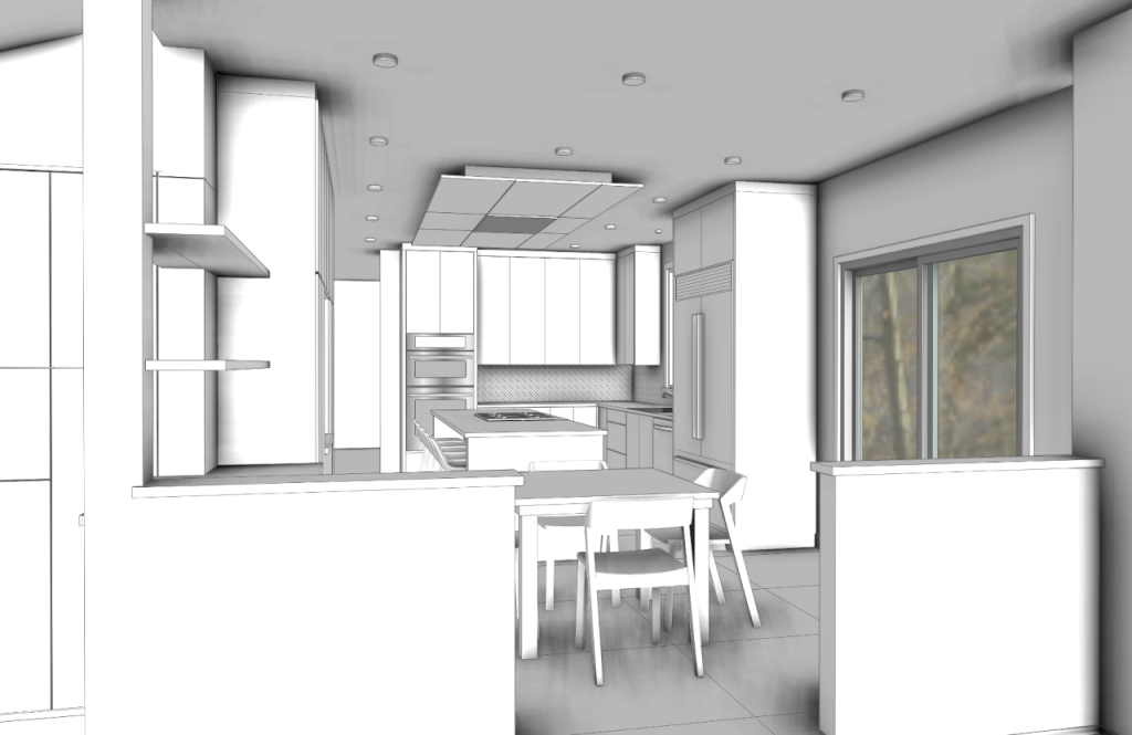 Grayscale 3D kitchen model showing the island, dining area and windows