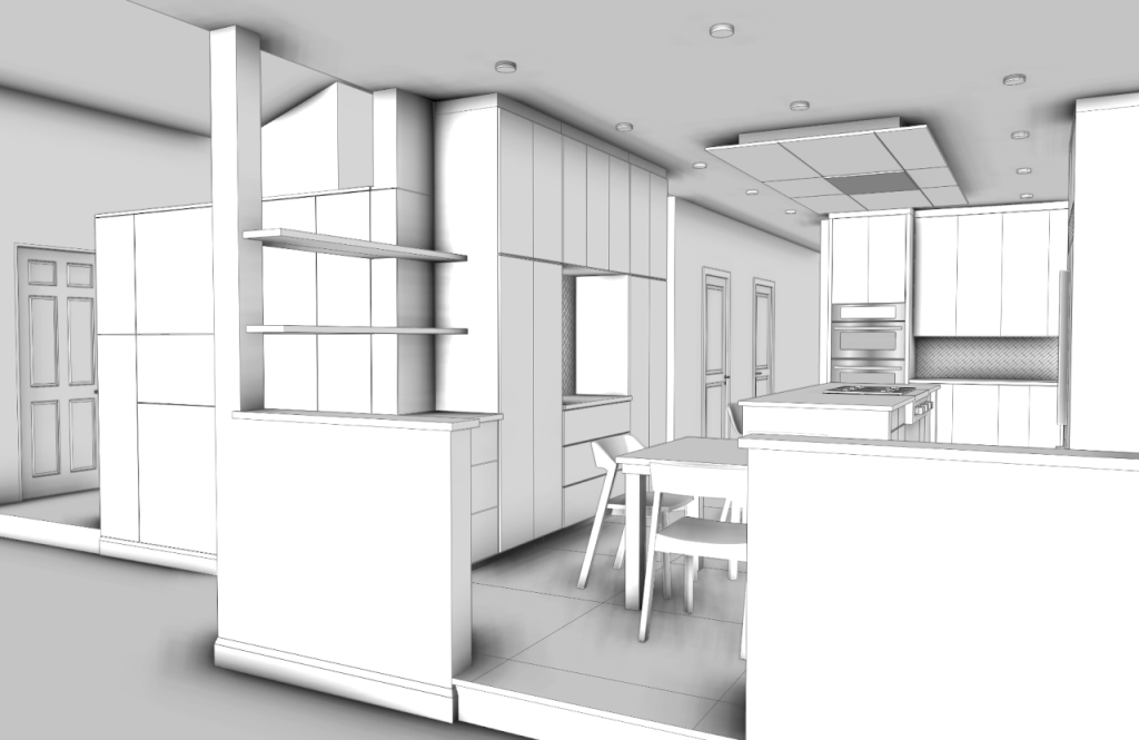Kitchen model viewed from the dining area toward the tall cabinets and island