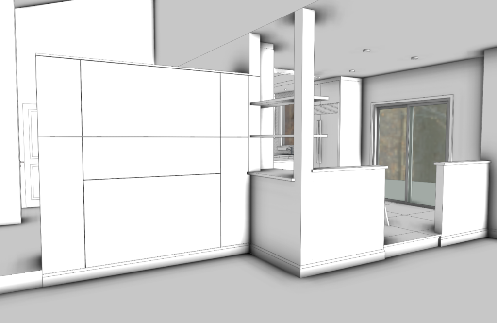 Model of the built-in cabinetry and openings between the kitchen and adjacent rooms