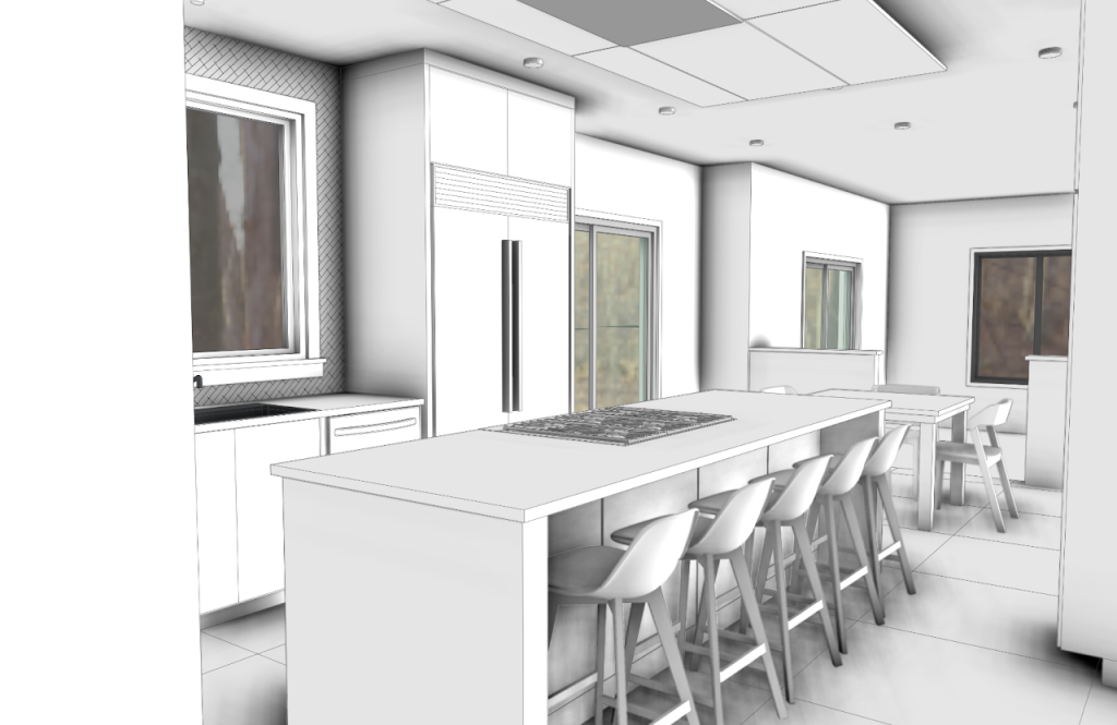 Long kitchen island model with cooktop, seating and adjacent dining area