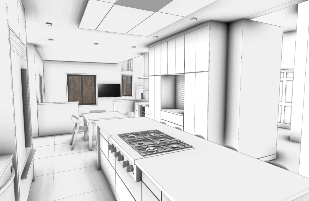 Kitchen model looking along the cooktop island toward the family room