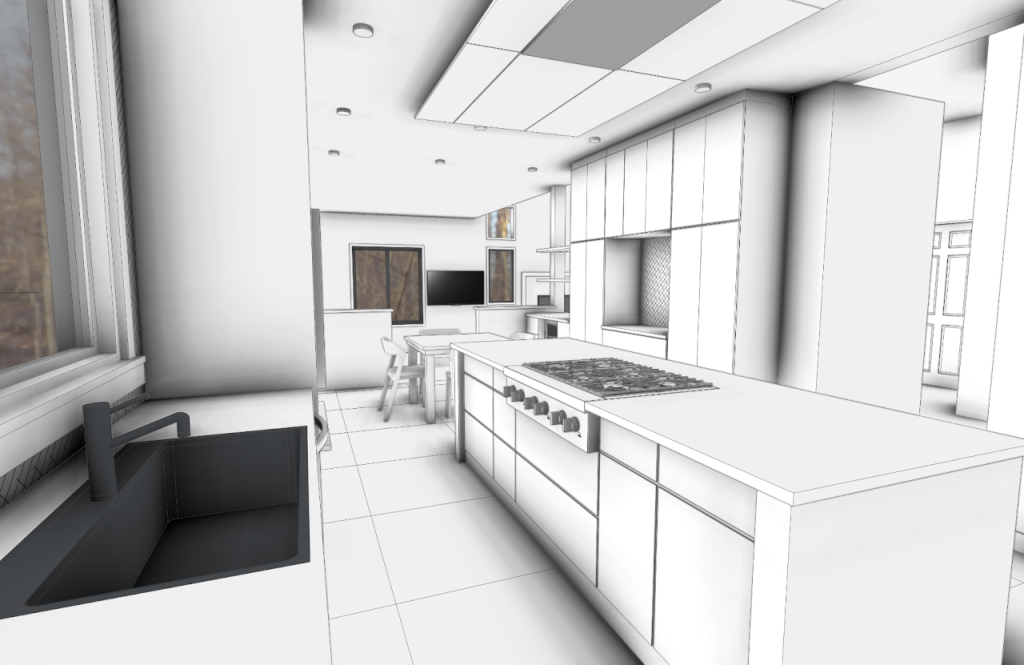 Kitchen model from the sink toward the island, tall cabinets and dining area