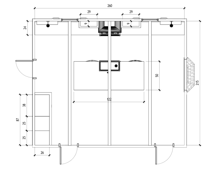 Dimensioned kitchen floor plan with a central island and surrounding cabinetry