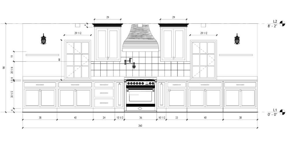 Dimensioned kitchen wall elevation showing the range hood, cabinets and windows