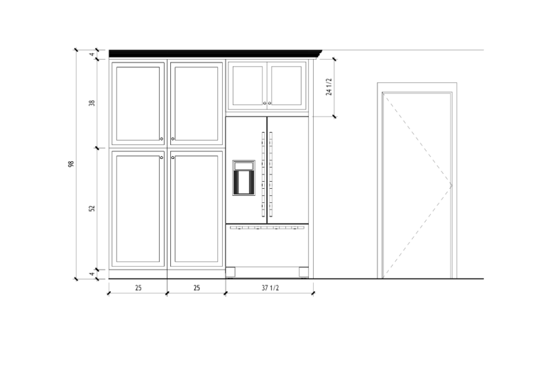 Dimensioned refrigerator and pantry cabinet elevation for the kitchen renovation