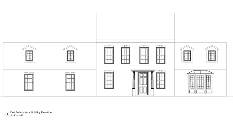East architectural elevation of the two-story house and central entrance