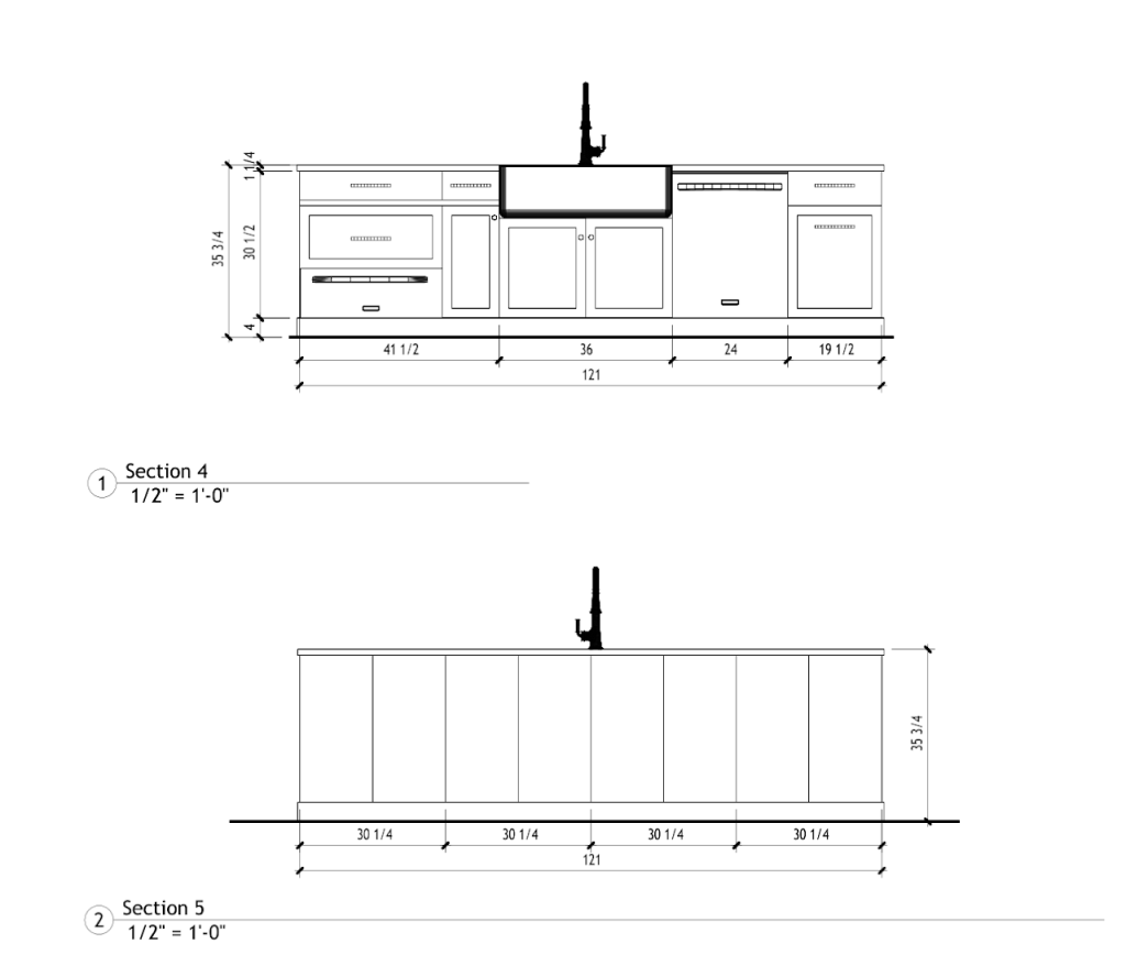Dimensioned kitchen island and base cabinet section drawings