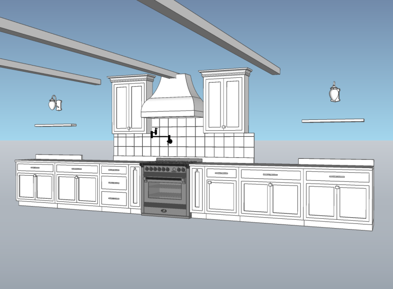 Kitchen cabinet model showing the range wall, hood and exposed ceiling beams