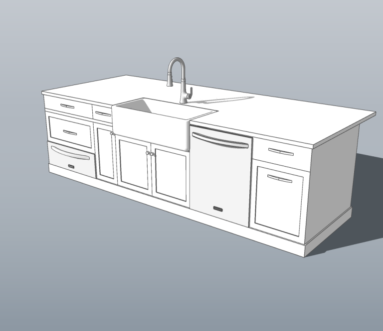 3D model of the kitchen island with sink, dishwasher and storage cabinets