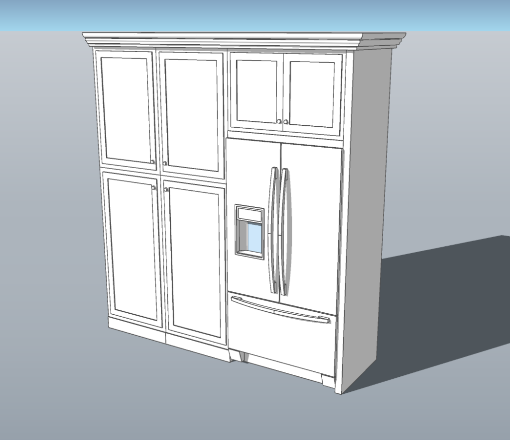 3D model of the refrigerator wall with full-height pantry cabinets
