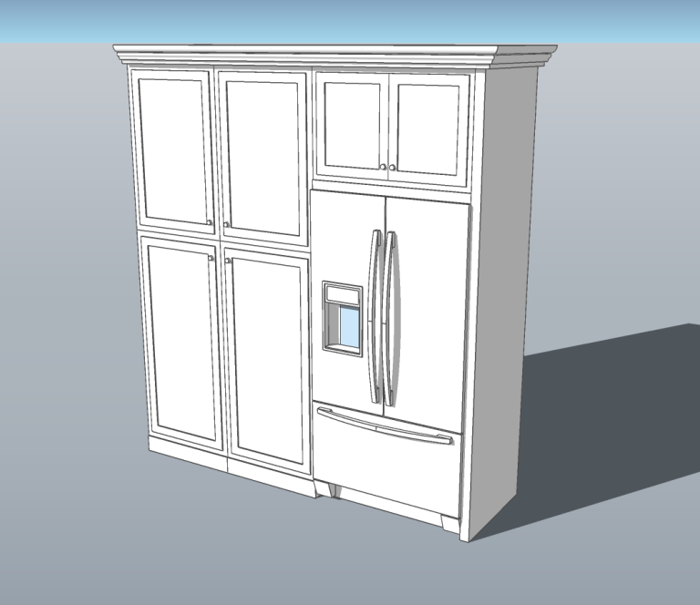 3D model of the refrigerator wall with full-height pantry cabinets
