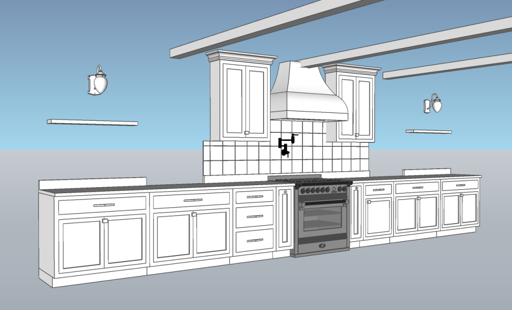 Kitchen range wall model with hood, cabinets, shelving and exposed beams
