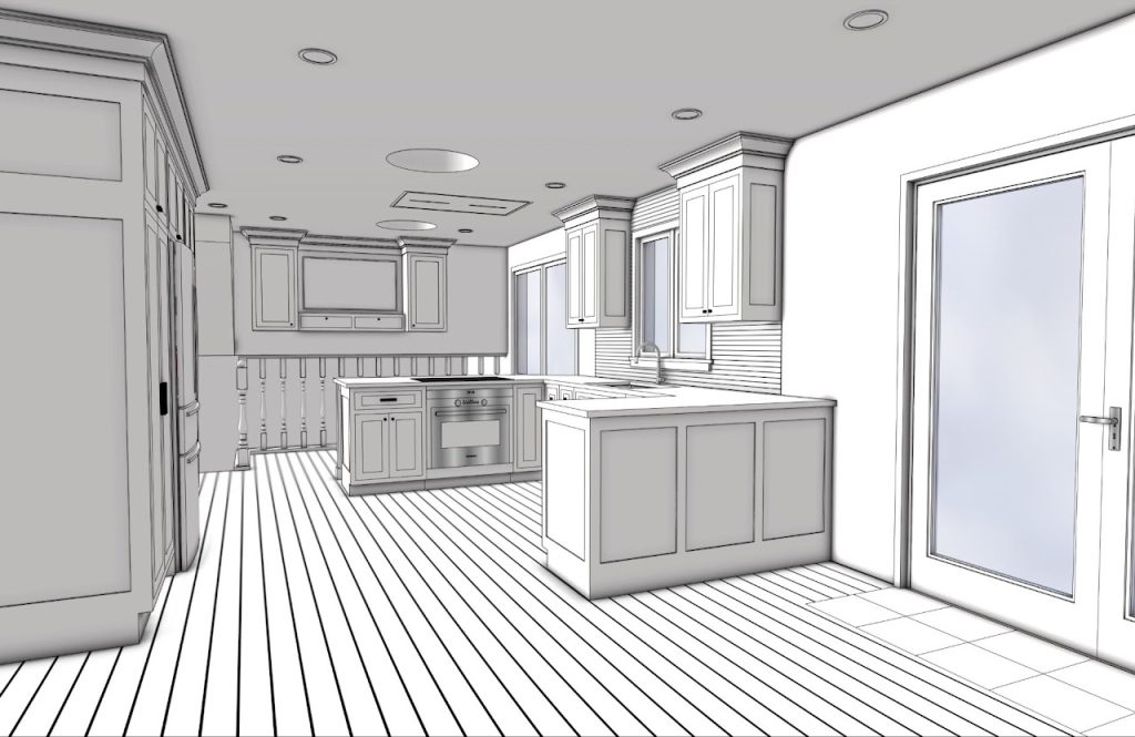 Renovation model viewed from the dining area toward the new island and cabinetry
