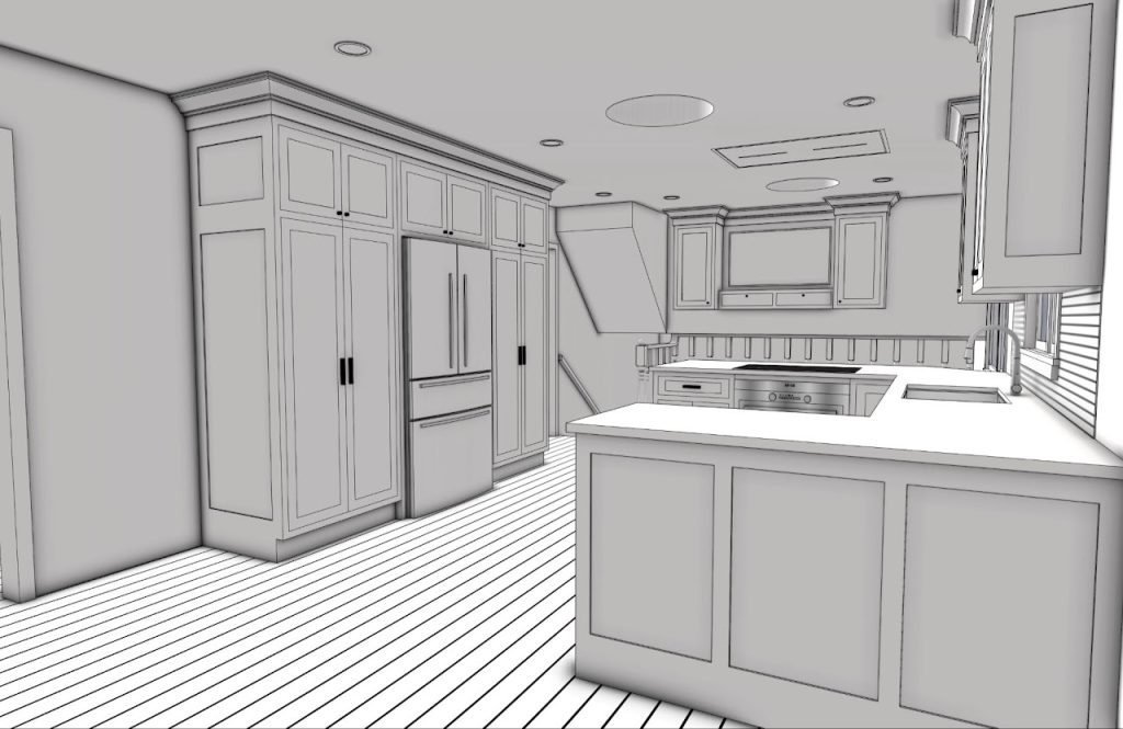 Kitchen model showing the island, refrigerator wall and range hood