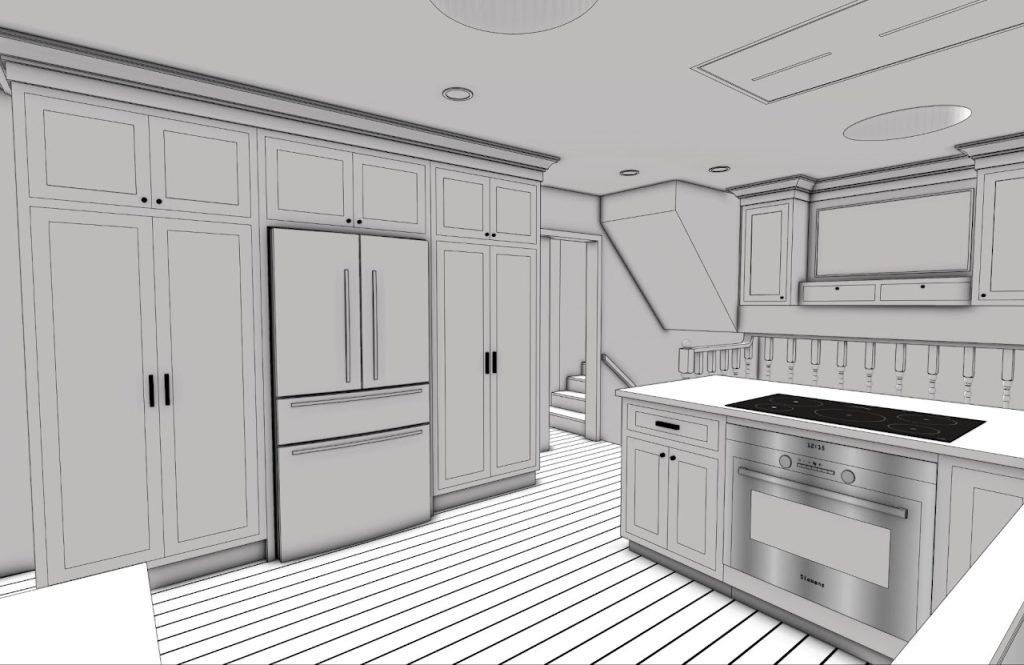 Kitchen model looking past the island toward the refrigerator and oven