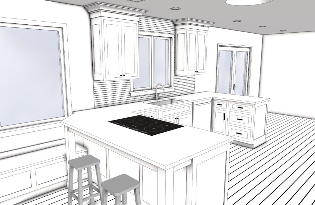 Kitchen model showing the cooktop island, sink wall and perimeter cabinets