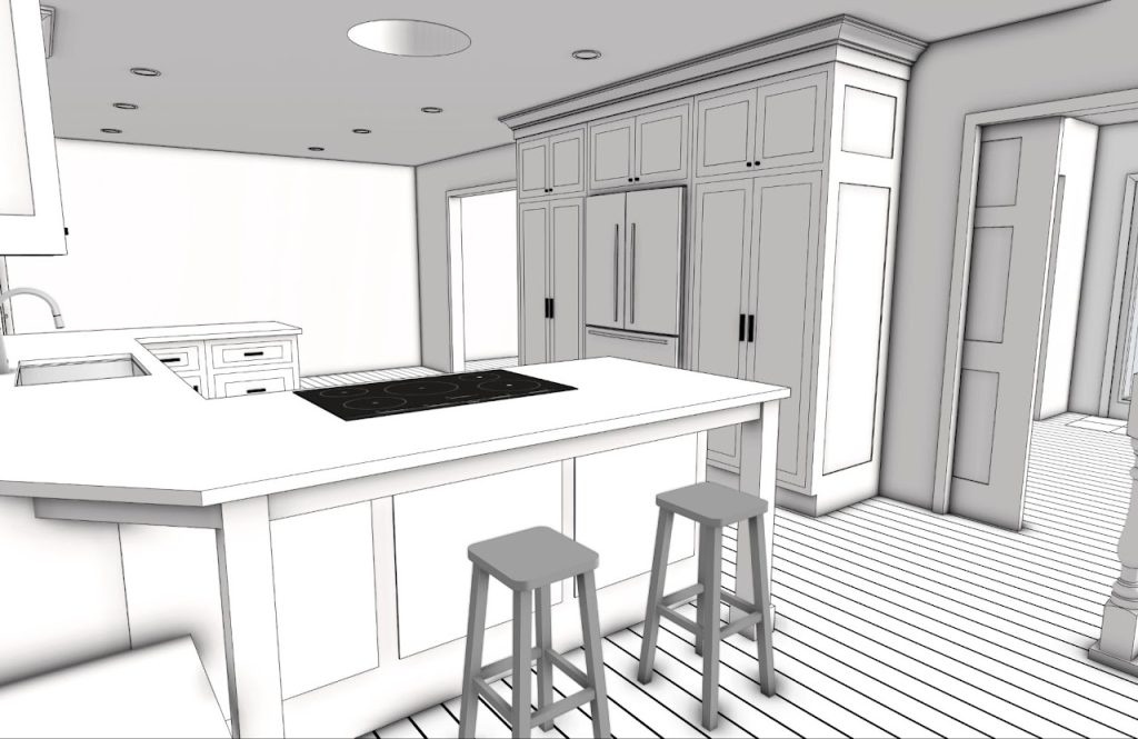 Kitchen model viewed across the island seating toward the refrigerator wall