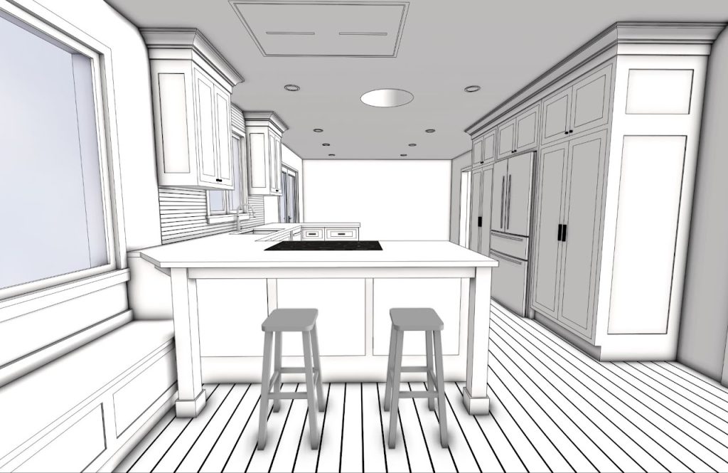Kitchen island model with seating and tall pantry cabinets beyond