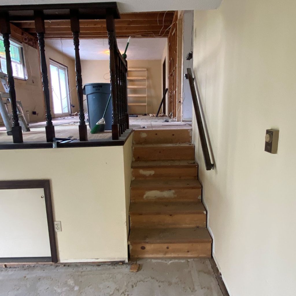 Renovation progress at the stair opening beside the kitchen