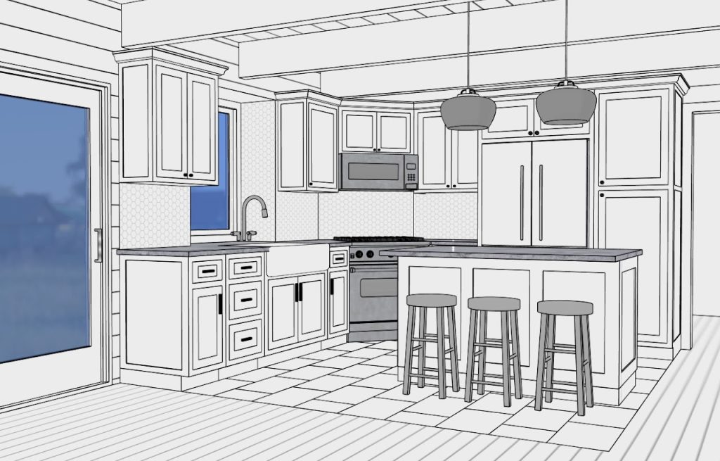 Kitchen concept with white Shaker cabinets, island seating and exposed ceiling beams