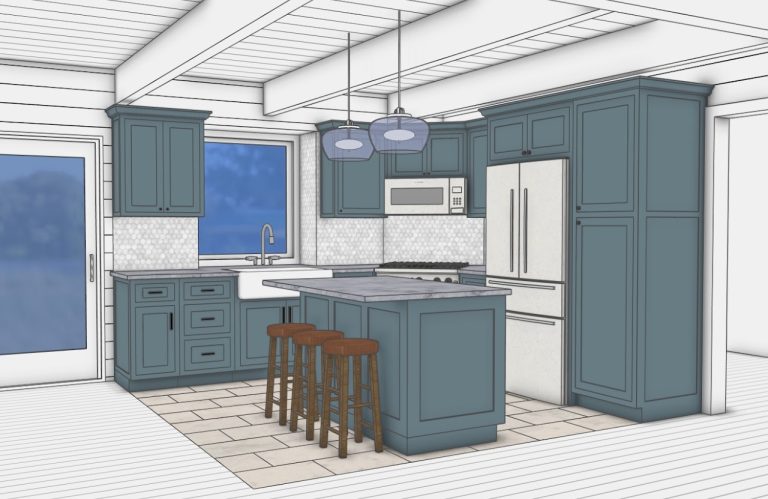 Blue-gray cabinet option for the log home kitchen and central island