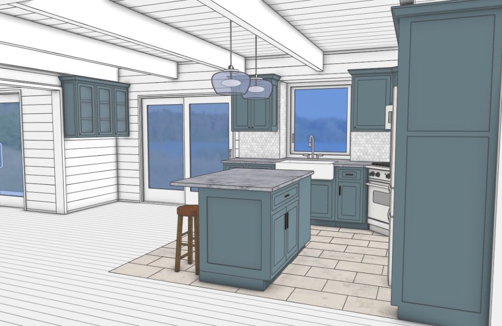 Blue-gray kitchen option viewed across the island toward the range wall
