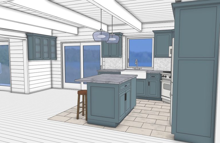 Blue-gray kitchen option viewed across the island toward the range wall